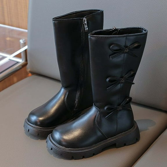 Bnwani Boots for Girls PU Leather Bow Princess Boots 3-9 Years