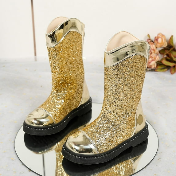 Bnwani Boots for Girls PU Leather Sequined Bow Boots 3-11 Years