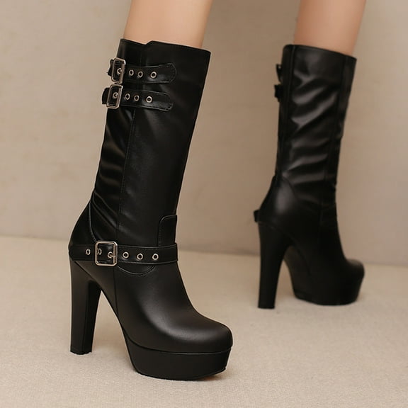 Bnwani Boots for Women Fall Winter Fashion High-Heel Thick High Mid-Calf Proof Versatile Comfortable Casual Boot Black Size 9