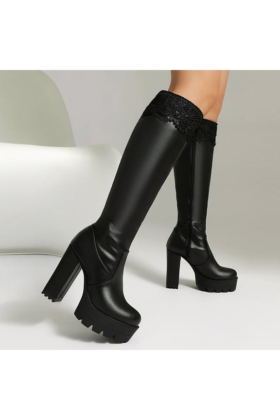 Bnwani Boots for Women Fall Winter Fashion Mid-Heel Thick High Mid-Calf Versatile Casual Sweet Knight Splicing Boot Black Size 5.5