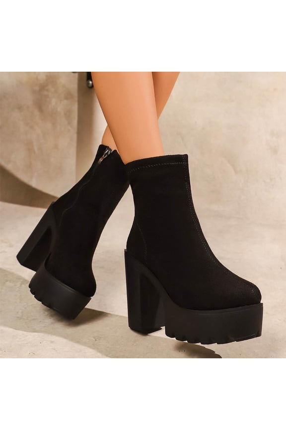 Bnwani Boots for Women Fashion Pile Toe High-Heel Thick Chunky High Mid-Calf Versatile Comfortable Casual Solid Suede Boot Black Size 7.5