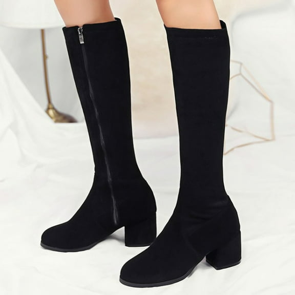 Bnwani Boots for Women Fashion Zipper Thick Chunky Warm Solid Boot Black Size 4.5