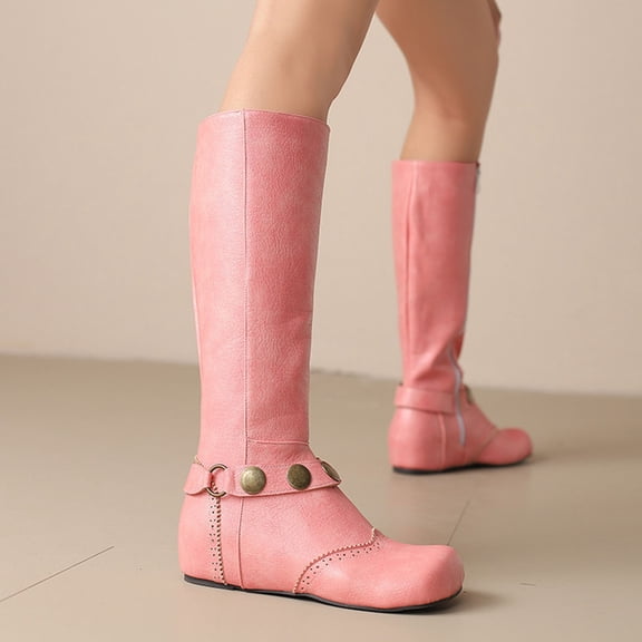 Bnwani Boots for Women Knee High New Winter Fashion Toe Flat Knee-High Versatile Casual Boot Pink Size 6