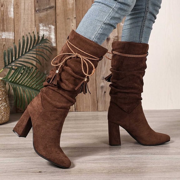 Bnwani Boots for Women Knee High Winter Fashion Pointed Toe High-Heel Thick Chunky High Mid-Calf Knee-High Strap Casual Solid Boot Brown Size 5.5