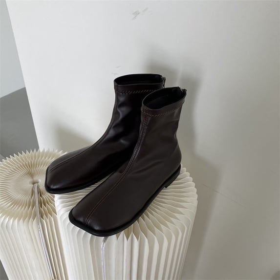 Bnwani Boots for Women New Fall Winter Square Zipper Flat Proof Versatile Leather Boot Brown Size 6