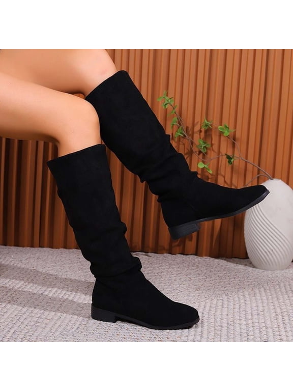 Bnwani Boots for Women New Pile Flat Mid-Calf Knight Suede Boot Black Size 5