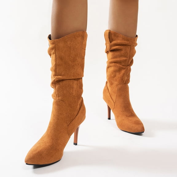 Bnwani Boots for Women Pointed Toe High-Heel High Mid-Calf Solid Boot Brown Size 4.5