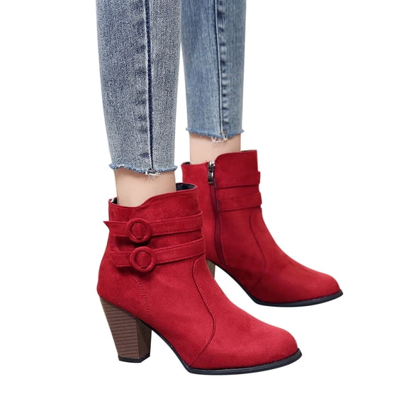 Bnwani Boots for Women Retro Fashion Pile Pointed Zipper Mid-Heel Chunky Casual Solid Retro Boot Red Size 6