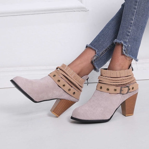 Bnwani Boots for Women Retro Fashion Zipper Chunky Ankle Retro Boot Beige Size 3