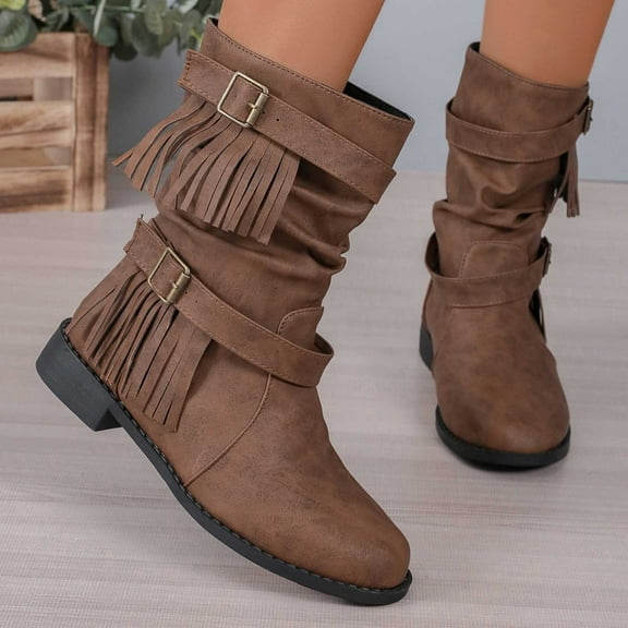 Bnwani Boots for Women Toe Flat Mid-Calf Tassel Boot Brown Size 8.5