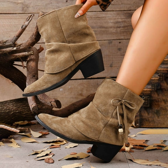 Bnwani Boots for Women Winter Fashion Mid-Heel Thick Chunky Ankle Versatile Casual Solid Retro Boot Yellow Size 6