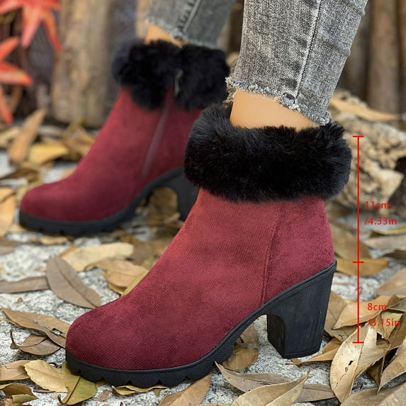 Bnwani Boots for Women Winter Fashion Toe High-Heel Thick Chunky High Ankle Velvet Fleece Warm Casual Solid Boot Red Size 9