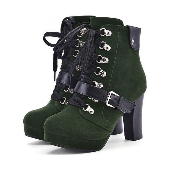Bnwani Boots for Women Winter Pile Toe High-Heel High Ankle Warm Strap Boot Green Size 7.5