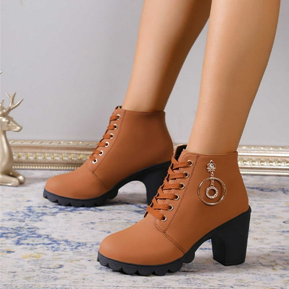 Bnwani Boots for Women Winter Toe Mid-Heel Chunky Ankle 0 Boot Brown Size 4.5