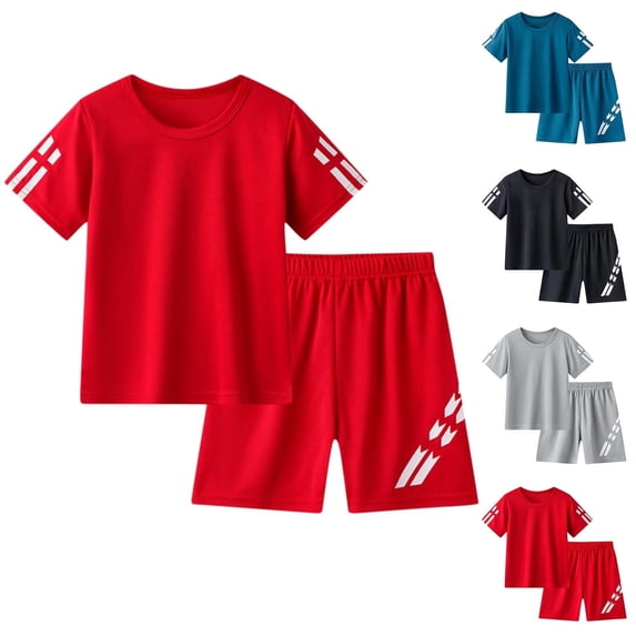Bnwani Boys Athletic Outfit Sets Performance Running 2 Piece Crew Neck Pullover Shirts and Shorts Red Sizes 2-10