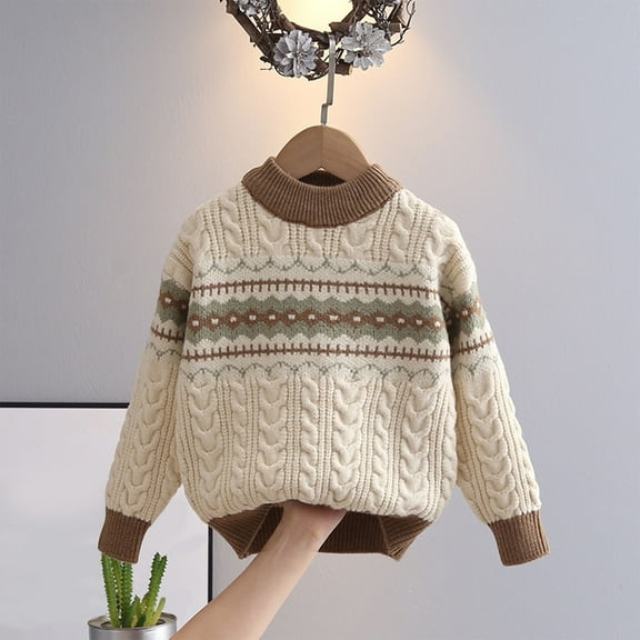 Bnwani Boys Sweater Fashion Knitted Cotton Pullover Crew Neck Long Sleeve Warm Striped Cute Sweater Beige