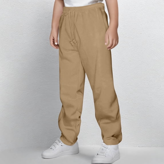 Bnwani Boys Sweatpants Jogger Pants Elastic Waist Drawstring Straight Leg Pants with Pockets Khaki