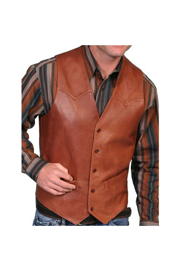 Brown Jacket For Men Winter Faux Leather Men Solid Fashion Retro Single Breasted Waistcoat Waistcoat V-Neck Size M(US:4)