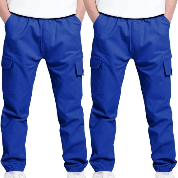 Bnwani Cargo Kids Sports Casual Stretch Elastic Waist Joggers Solid with Multiple Pockets Pant Blue 2 Pack