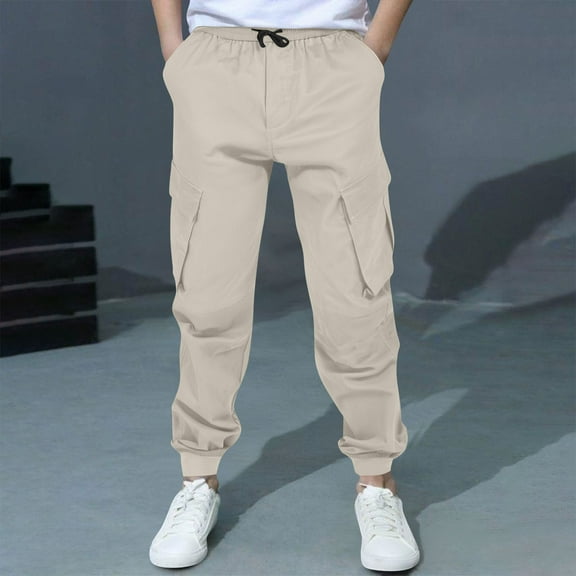 Bnwani Cargo Pants for Kids Boys Fall Fashion Casual Drawstring Elastic Waist Joggers Solid with Pockets Pant Beige