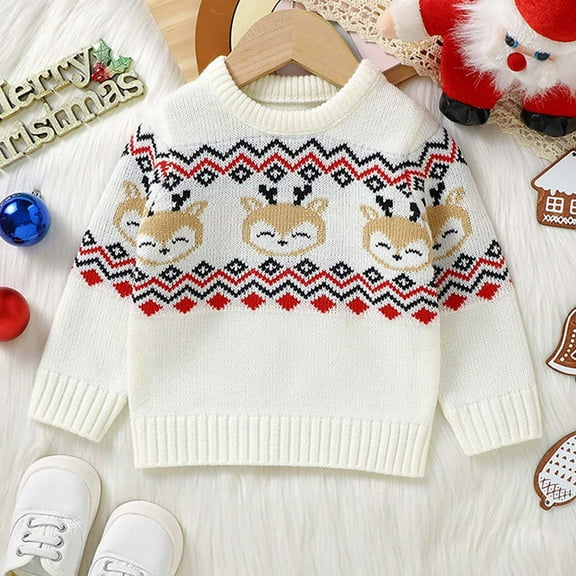 Bnwani Christmas Infant Sweaters Boys Knitted Crew Neck Cartoon Sweater White