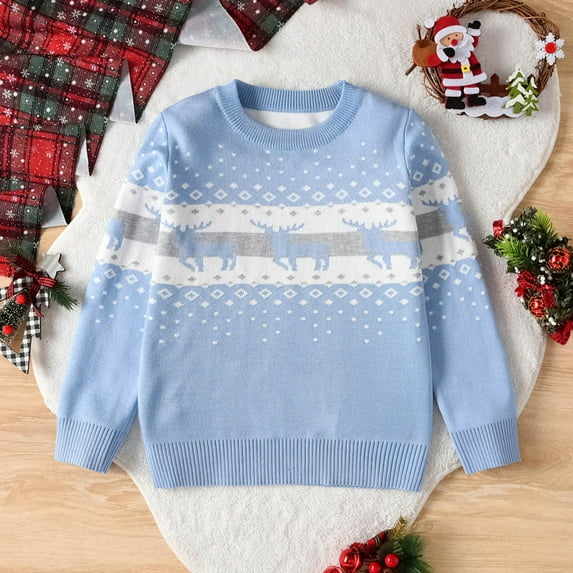 Bnwani Christmas Pullover Sweaters for Kids Fashion Knitted Cotton Crew Neck Long Sleeve Outerwear Warm Casual Printed Sweater Blue
