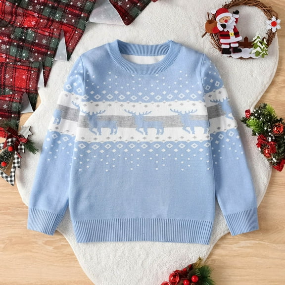 Bnwani Christmas Pullover Sweaters for Kids Fashion Knitted Cotton Crew Neck Long Sleeve Outerwear Warm Casual Printed Sweater Blue