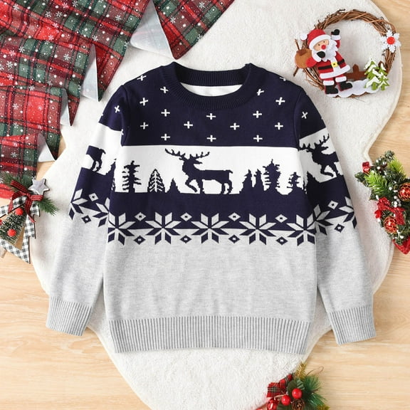 Bnwani Christmas Toddler Pullover Sweater Fashion Knitted Cotton Crew Neck Long Sleeve Outerwear Warm Casual Printed Sweater Gray