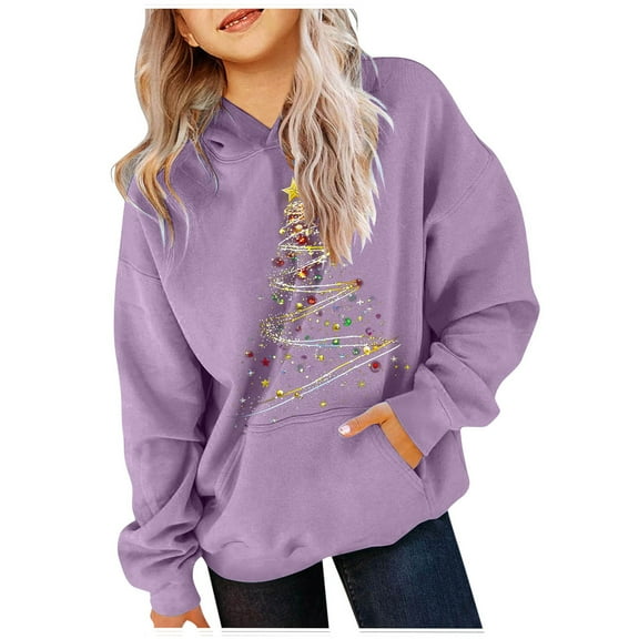 Bnwani Christmas Crew Neck Sweatshirts for Kids Long Sleeve Fleece Casual Print Pocket Purple Size 8-9 Years