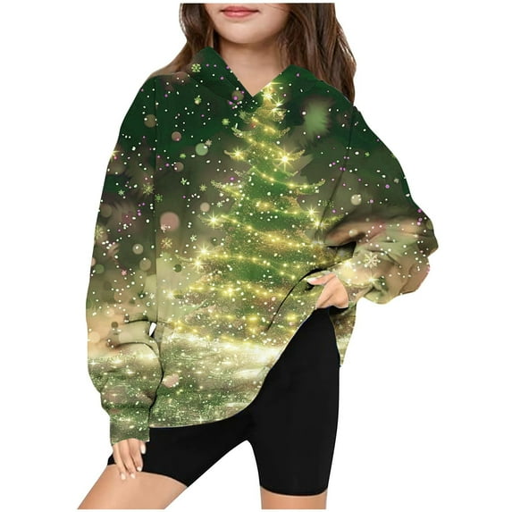 Bnwani Christmas Pullover Sweatshirts for Girls Crew Neck Long Sleeve Casual Print Pocket Green Size 5t