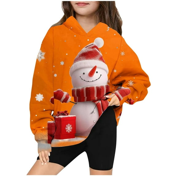 Bnwani Christmas Toddler Crew Neck Sweatshirts Girls Long Sleeve Casual Print Pocket Orange Size 7 Years