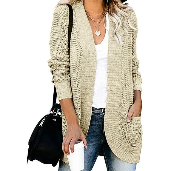 Bnwani Chunky Cardigan Sweaters for Women Top Knit Cardigan Solid Color Long Sleeve Tunic Winter Pocket Jacket Beige Womens Sweater Cardigan Size L(US:8)