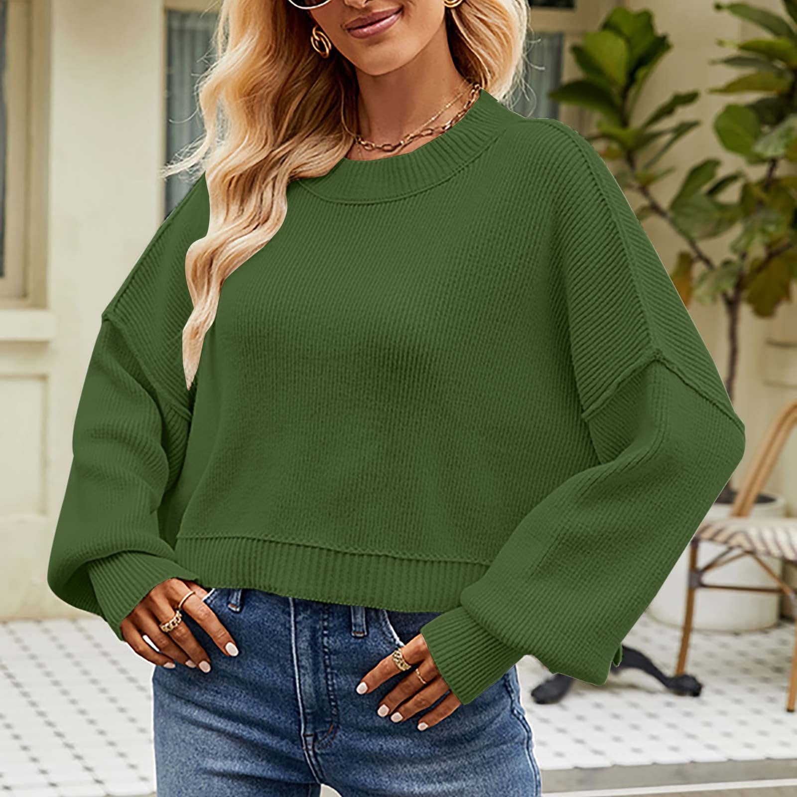 Bnwani Cute Fall Sweaters for Women Solid Color Vintage Crewneck Round Neck Knit Long Sleeve Army Green Winter Sweaters for Women 2023 Size M US 6