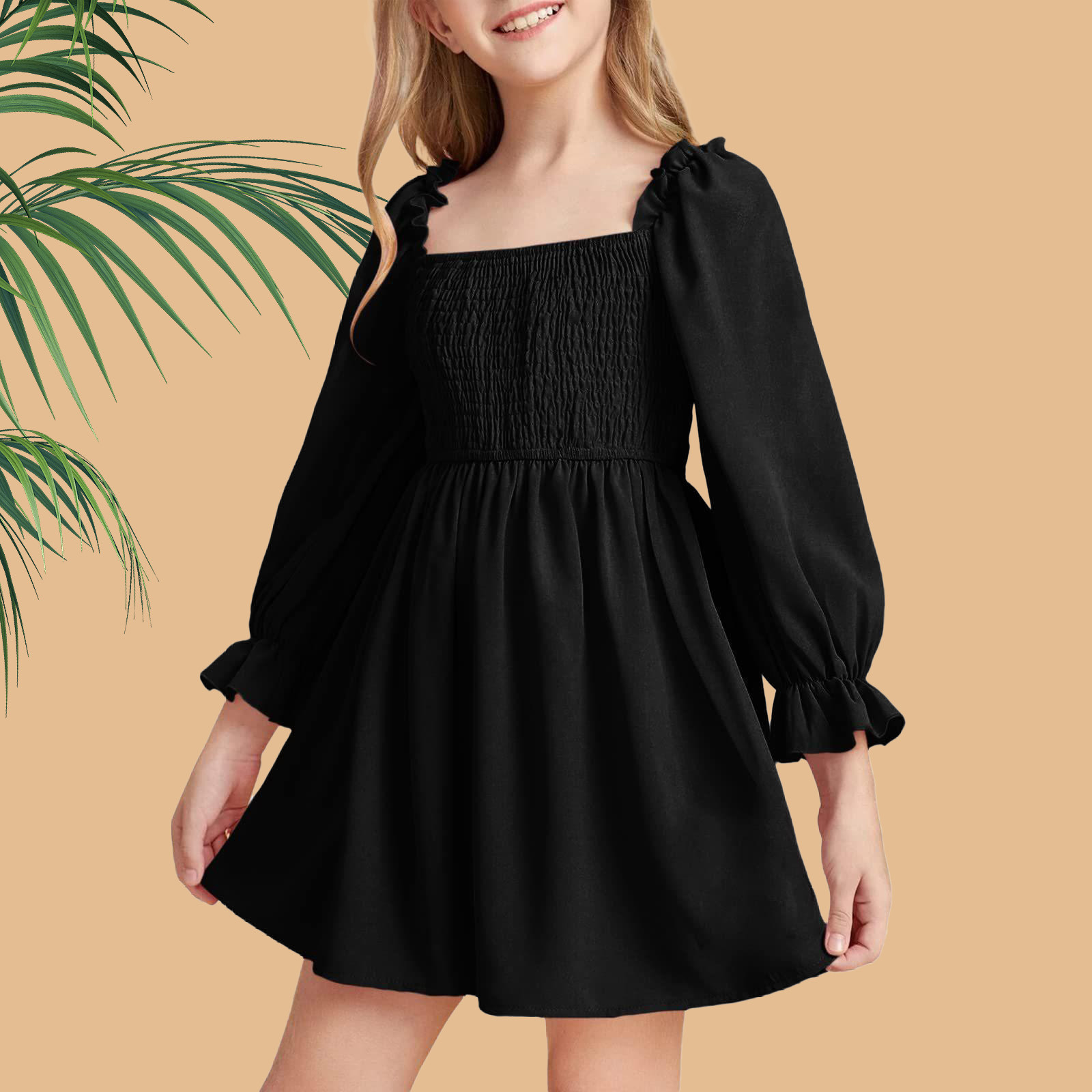 Bnwani Summer Dresses Toddler Girl Long sleeved Little Black Dress Solid Dresses Cute Black Dresses 4T