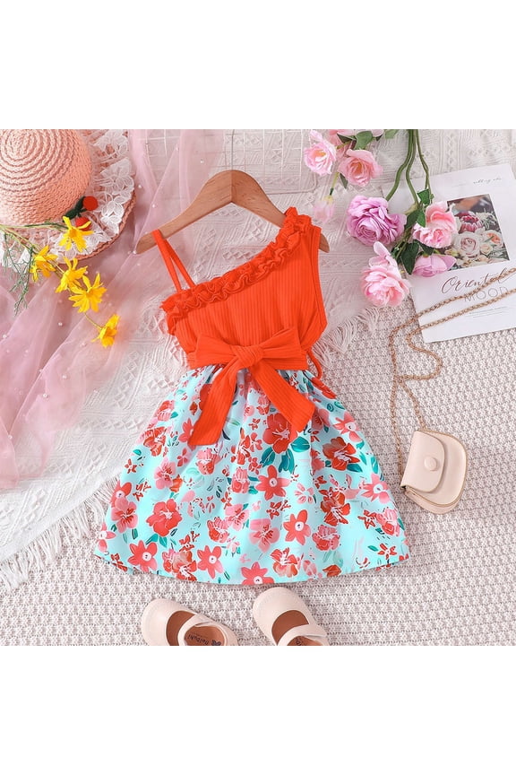 Girl Summer Dresses Casual Girl's Sleeveless Twofer Flowers Dresses Holiday Red Dresses 2T