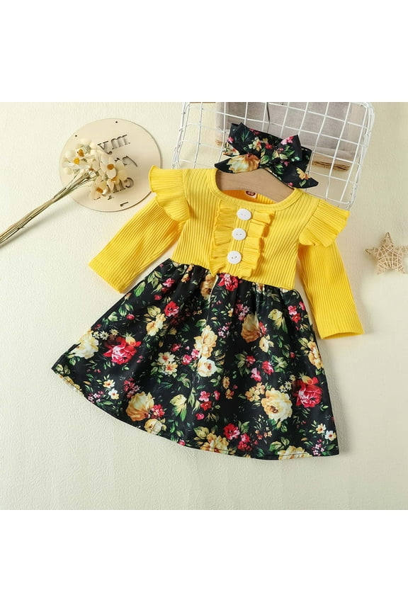 Girl's Skirts Girl Long-sleeved Twofer Flowers Dresses Party Yellow Dresses 6-12 M
