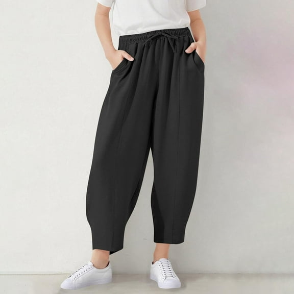 Bnwani Girls Black Pants Harem Pants Solid Color Elastic Waist Casual Loose Pants with Pockets