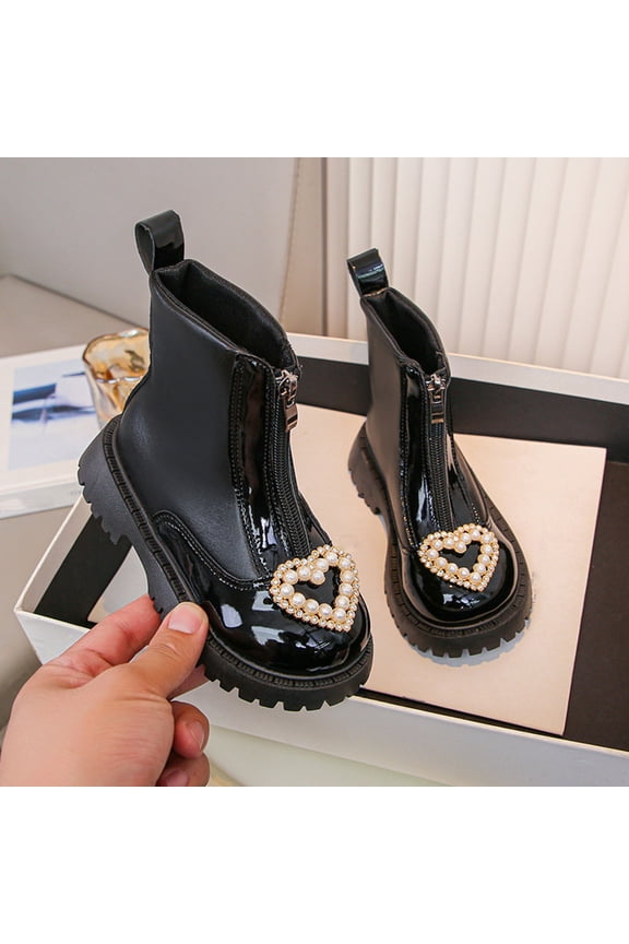 Girls Boots Ankle PU Leather Side Zipper Fleece Lined Velvet Heart Flat Princess Booties 2-11 Years