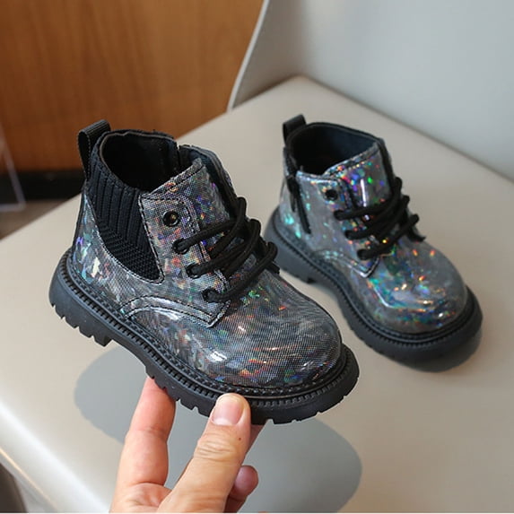 Bnwani Girls Boots Lace Up Ankle PU Leather Shiny Patent Lace British Booties 1-6 Years
