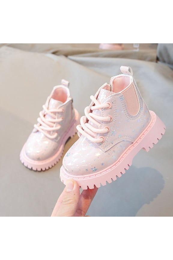 Girls Boots Lace Up Ankle PU Leather Shiny Patent Lace Star Print British Booties 1-6 Years
