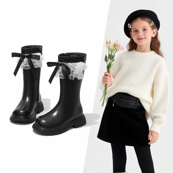 Bnwani Girls Boots Mid-Calf Fleece Lined Velvet Lace Bow Boots 4-11 Years