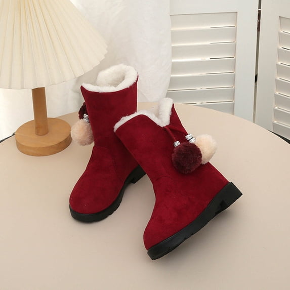 Bnwani Girls Boots Mid Calf Fuzzy Pom Pom Decor Non-Slip Slip On Ankle Boots Red 36