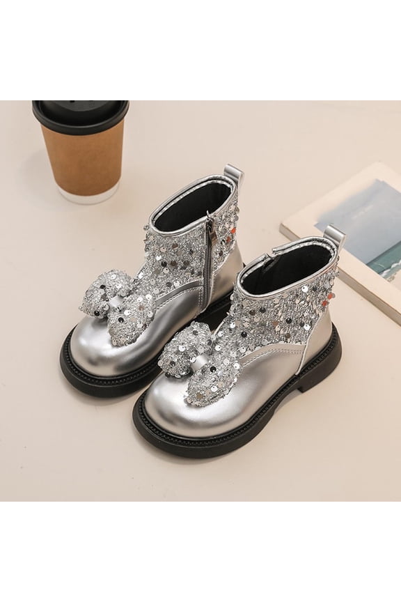 Girls Boots Mid-Calf Short Sequined Bow Soft-Soled British Boots 3-9 Years