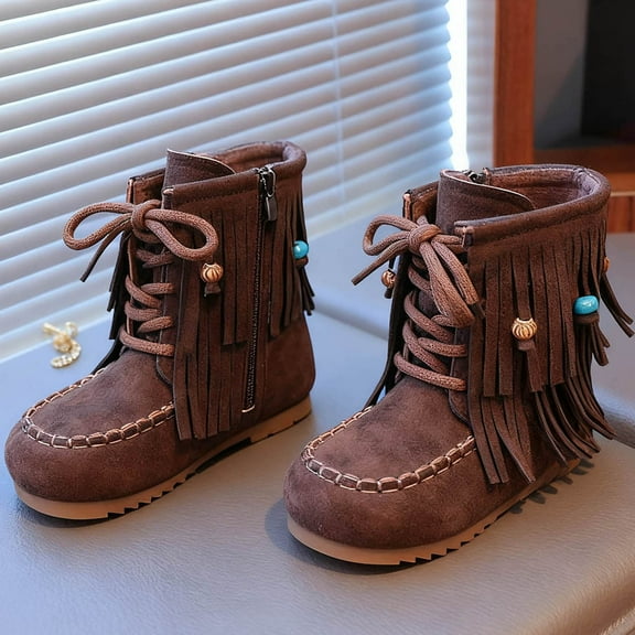 Bnwani Girls Boots Mid-Calf Short Side Zipper Fleece Lined Warm Tassel Princess Boots 2-11 Years