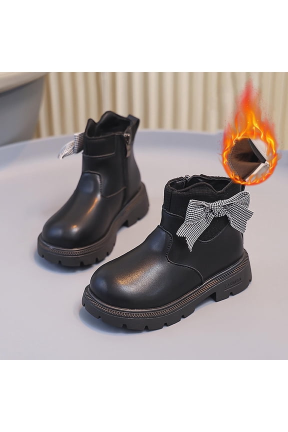 Girls Boots Short PU Leather Fleece Lined Warm Bow British Boots 3-11 Years