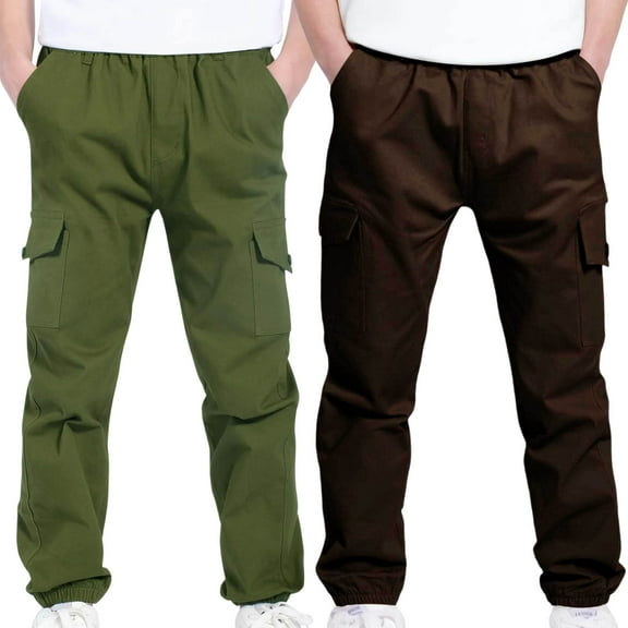 Bnwani Girls Cargo Pants for Kids Sports Casual Stretch Elastic Waist Joggers Solid with Multiple Pockets Pant Brown 2 Pack