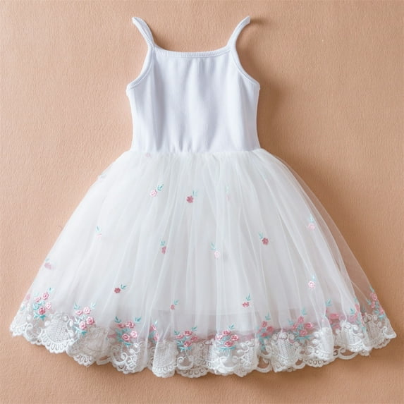 Bnwani Girls Casual Dresses Girls' Summer New Sleeveless Ruffled Lace Round-Neck Embroidery Mesh Princess Bow Skirt 6-12 M
