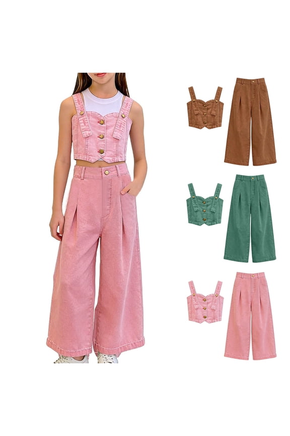 Girls' Denim Two-Piece Set Sleeveless Button-Front Jacket with Adjustable Shoulder Straps Paired with Wide-Leg Cotton Denim Trousers and Soft Fleece Lining Green Size 10-11