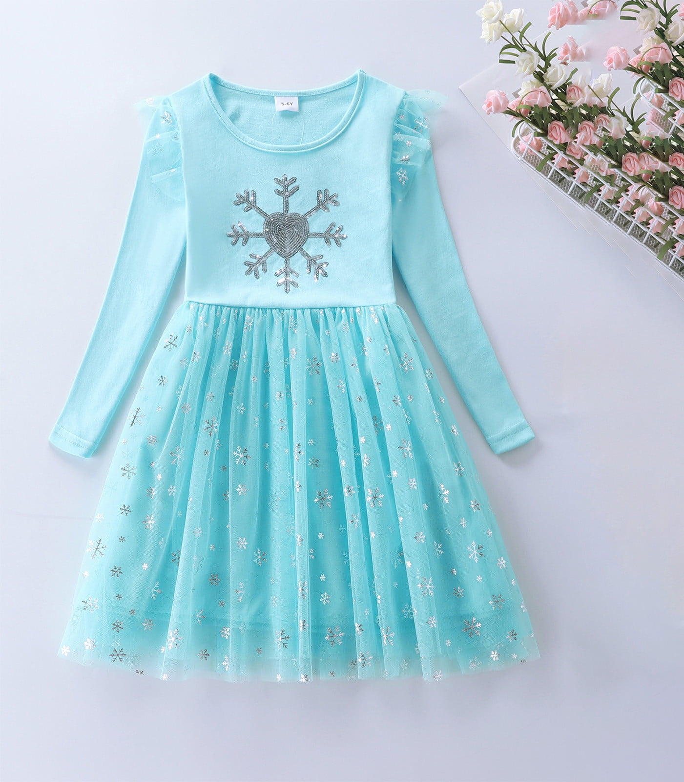 Bnwani Girls' Dresses Toddler Long-sleeved A-line Flowers Dresses Cute Blue Dresses 6T