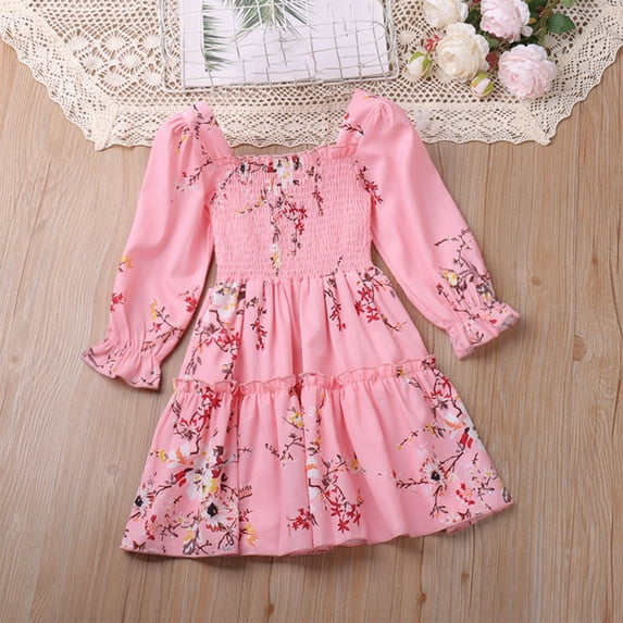 Bnwani Girls' Dresses Toddler Long-sleeved A-line Flowers Dresses Cute Pink Dresses 6T